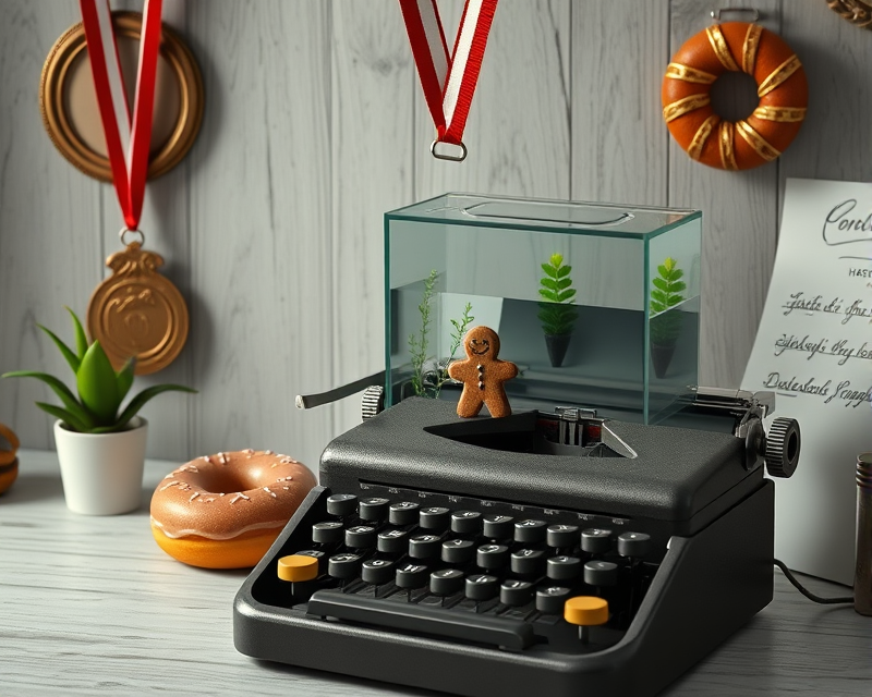 medal, fish tank, donut, gingerbread, typewriter